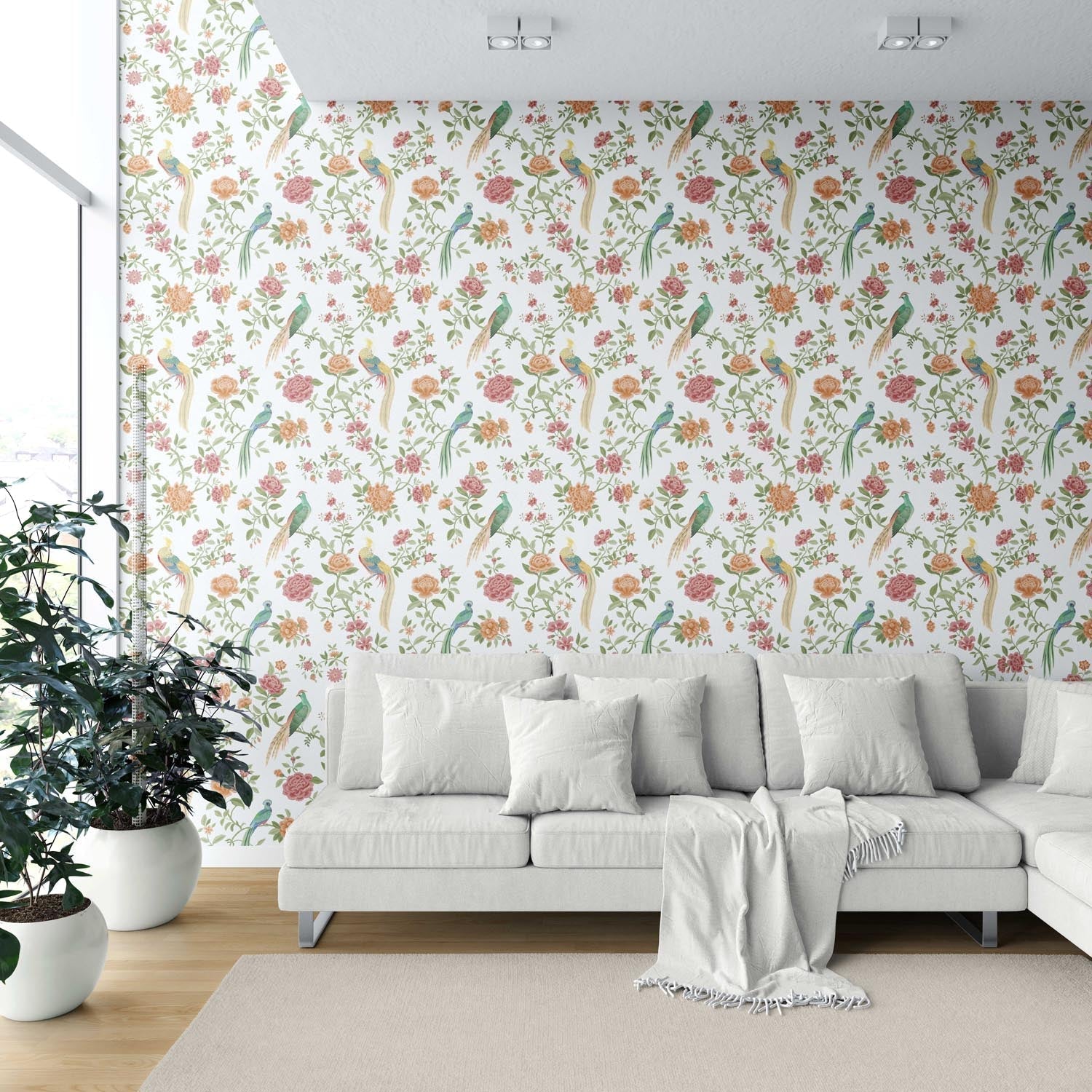 Floral Chinoiserie/ Nature Bird Print Shower Toilet Wallpaper (Orange/ Pink/ Blue/ Green/ Yellow)