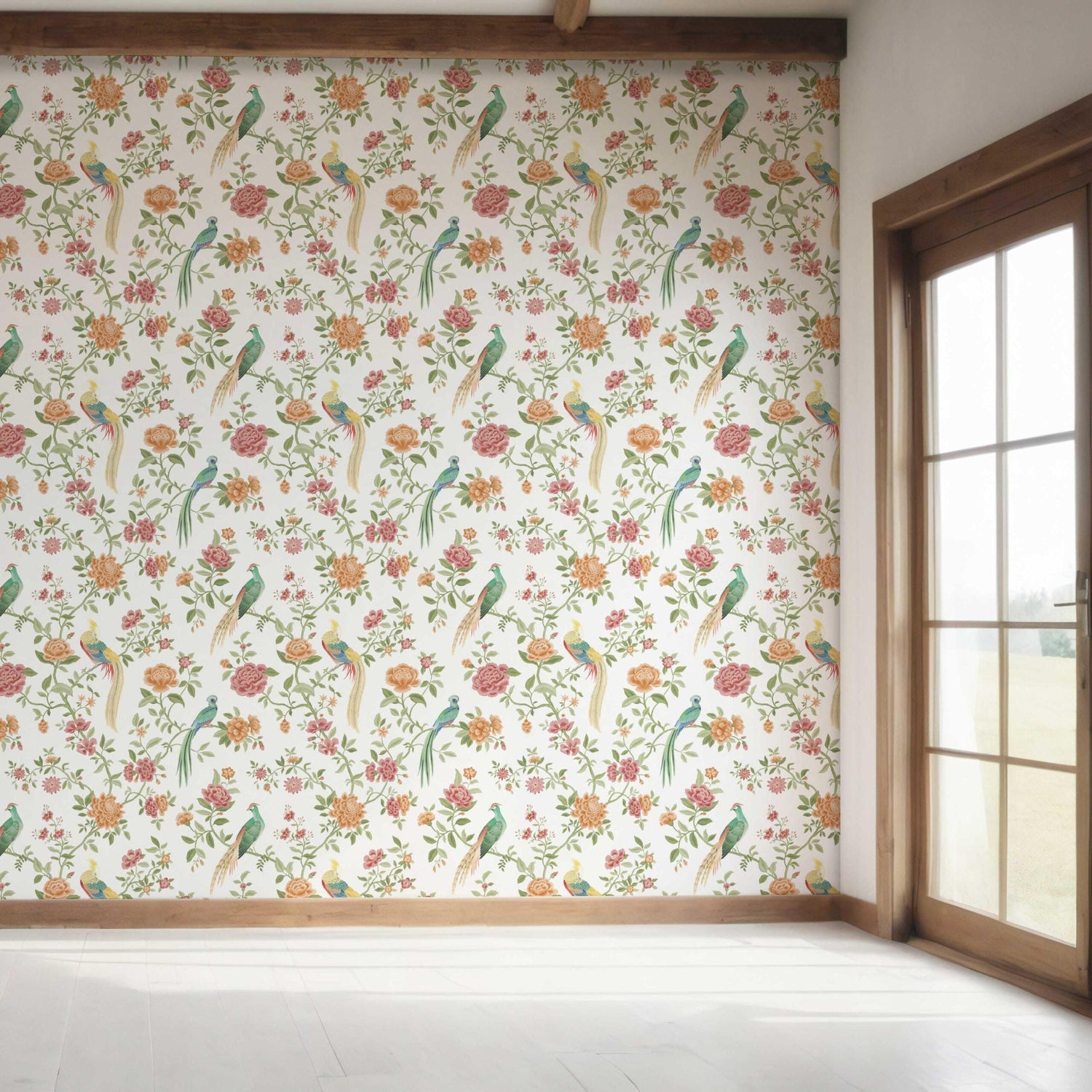 Floral Chinoiserie/ Nature Bird Print Bedroom Wallpaper (Orange/ Pink/ Blue/ Green/ Yellow)