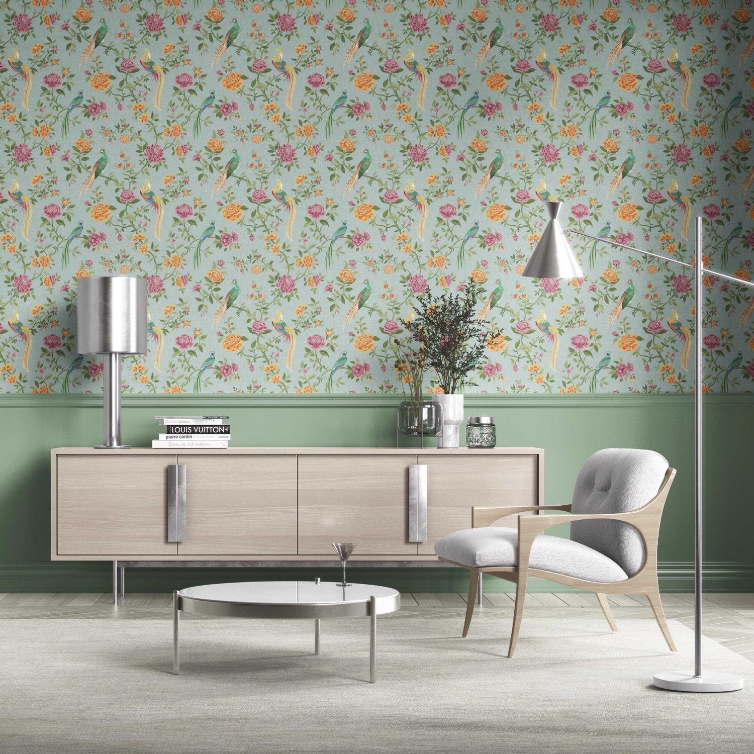 Floral Chinoiserie/ Nature Bird Print Kitchen Wallpaper (Blue/ Pink/ Green/ Yellow/ Orange)