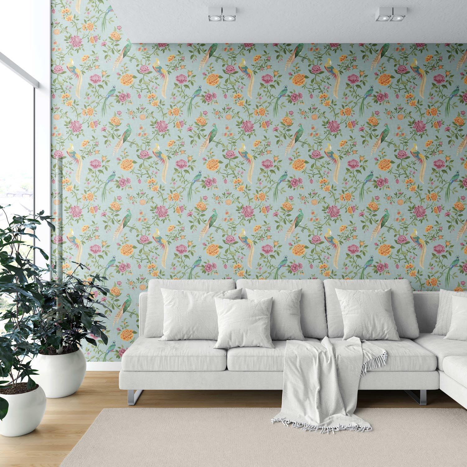 Floral Chinoiserie/ Nature Bird Print Shower Toilet Wallpaper (Blue/ Pink/ Green/ Yellow/ Orange)