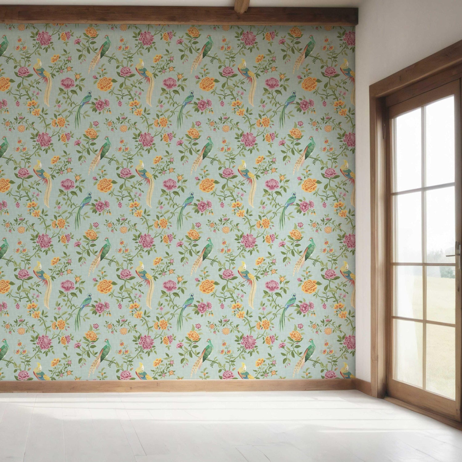 Floral Chinoiserie/ Nature Bird Print Bedroom Wallpaper (Blue/ Pink/ Green/ Yellow/ Orange)