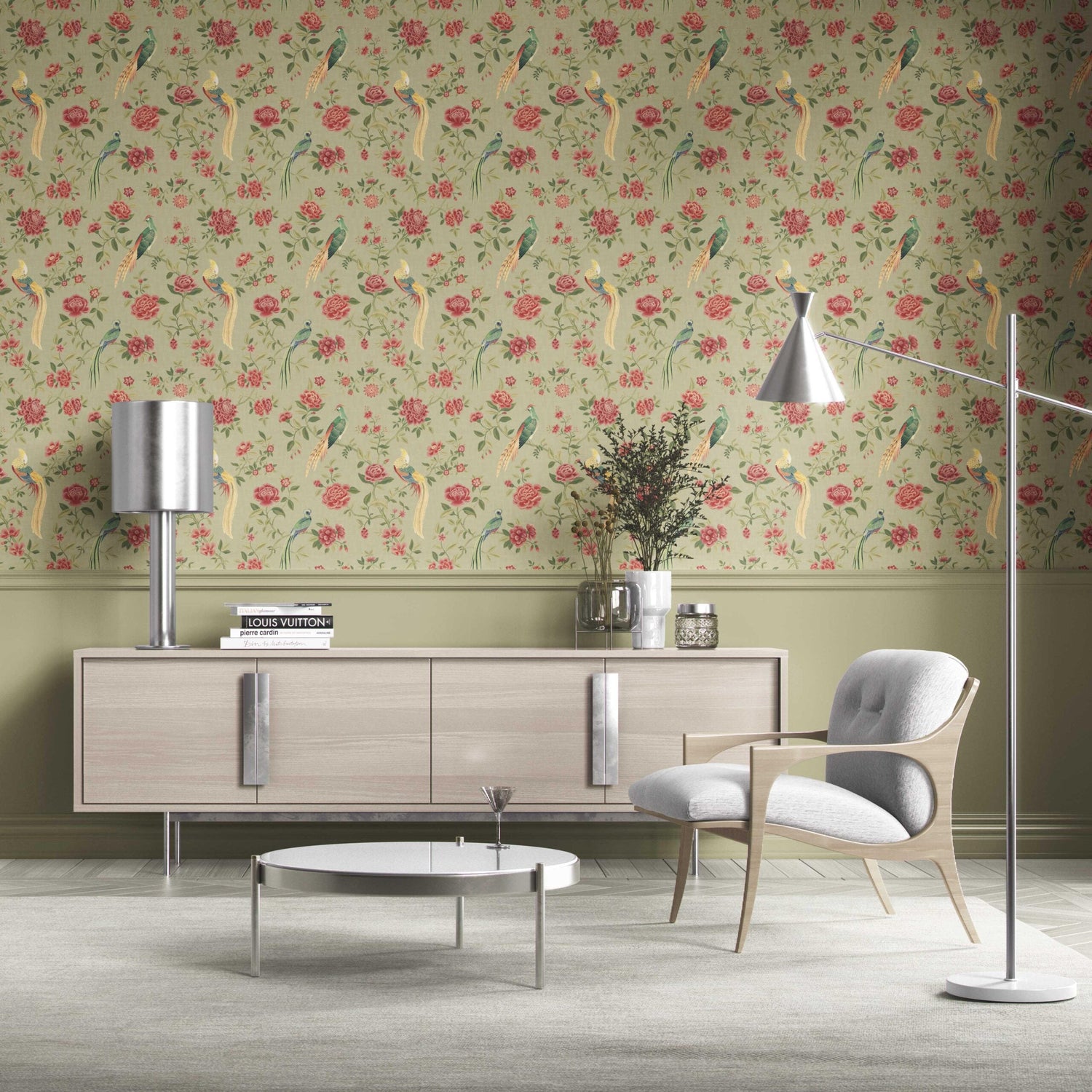 Floral Chinoiserie/ Nature Bird Print Kitchen Wallpaper (Olive Green/ Red/ Yellow)