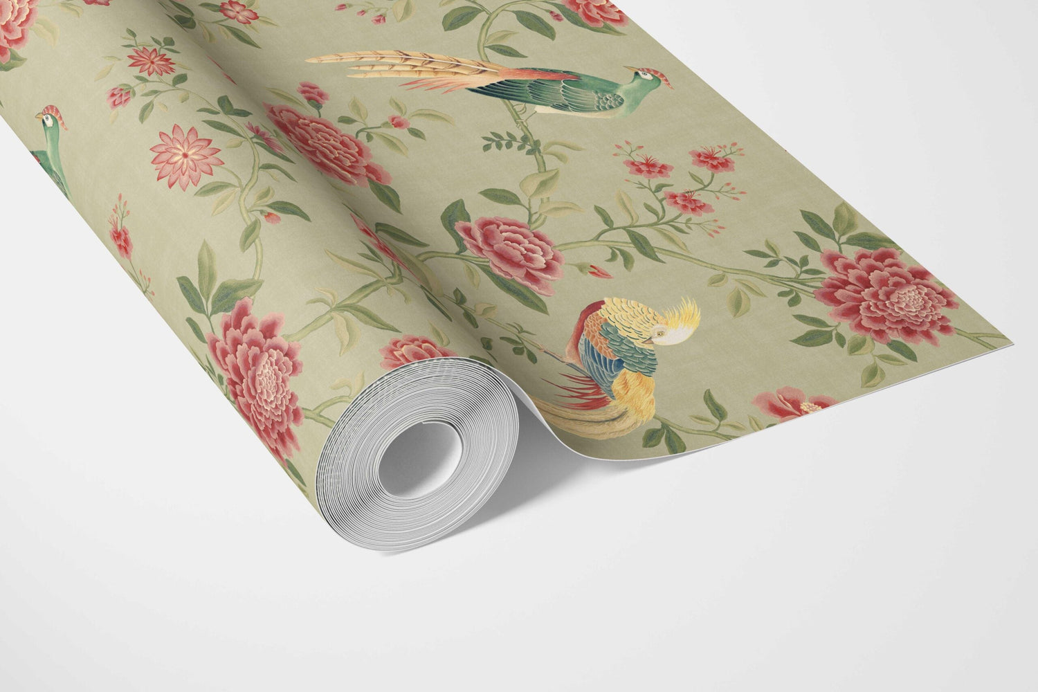 Floral Chinoiserie/ Nature Bird Print Bathroom Wallpaper (Olive Green/ Red/ Yellow)
