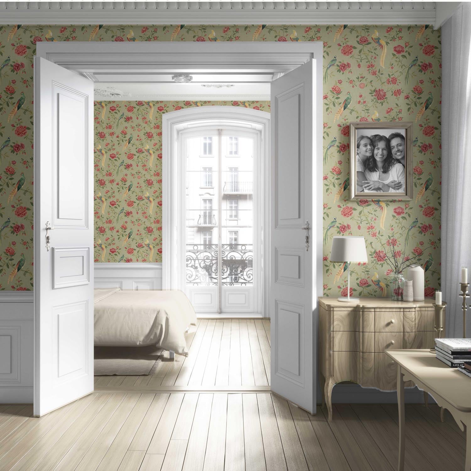 Floral Chinoiserie/ Nature Bird Print Living Room Wallpaper (Olive Green/ Red/ Yellow)