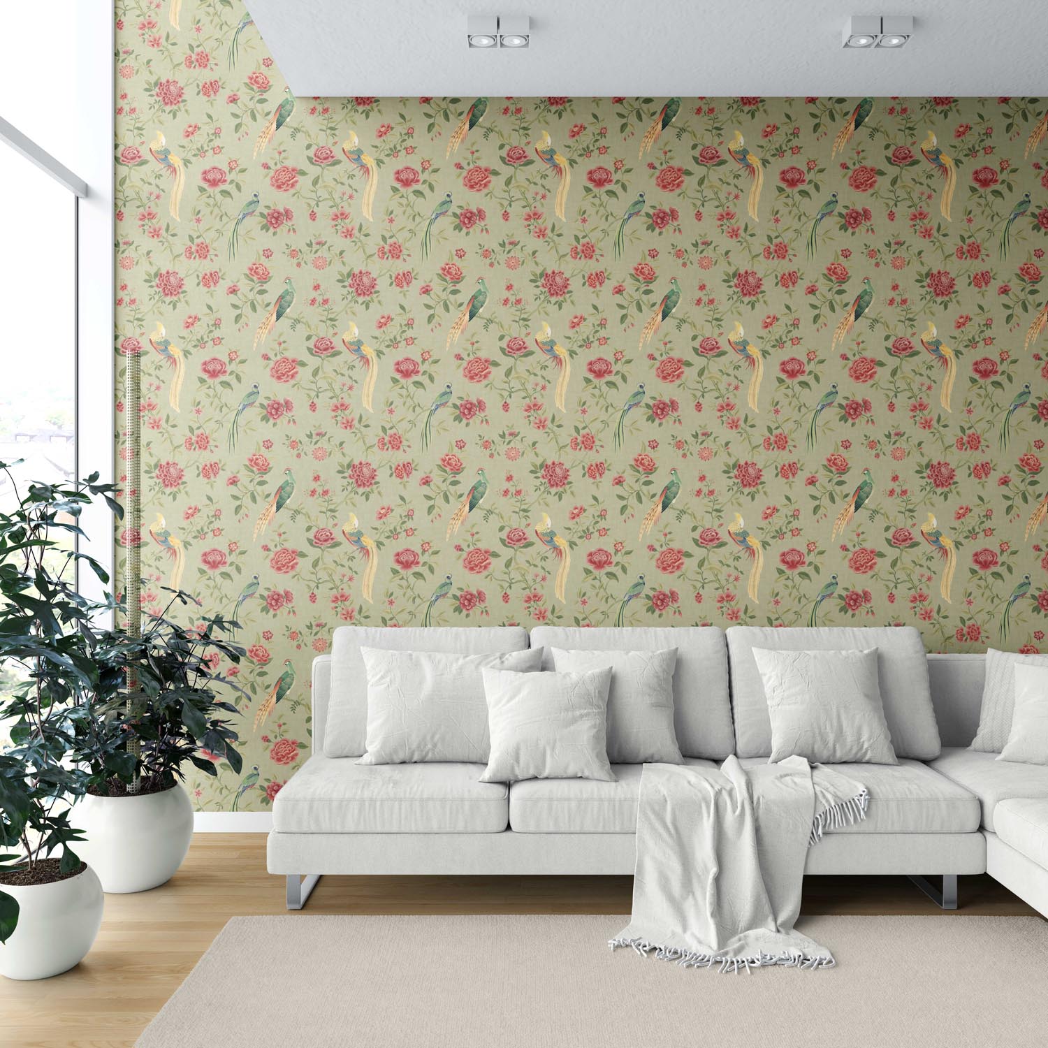 Floral Chinoiserie/ Nature Bird Print Shower Toilet Wallpaper (Olive Green/ Red/ Yellow)