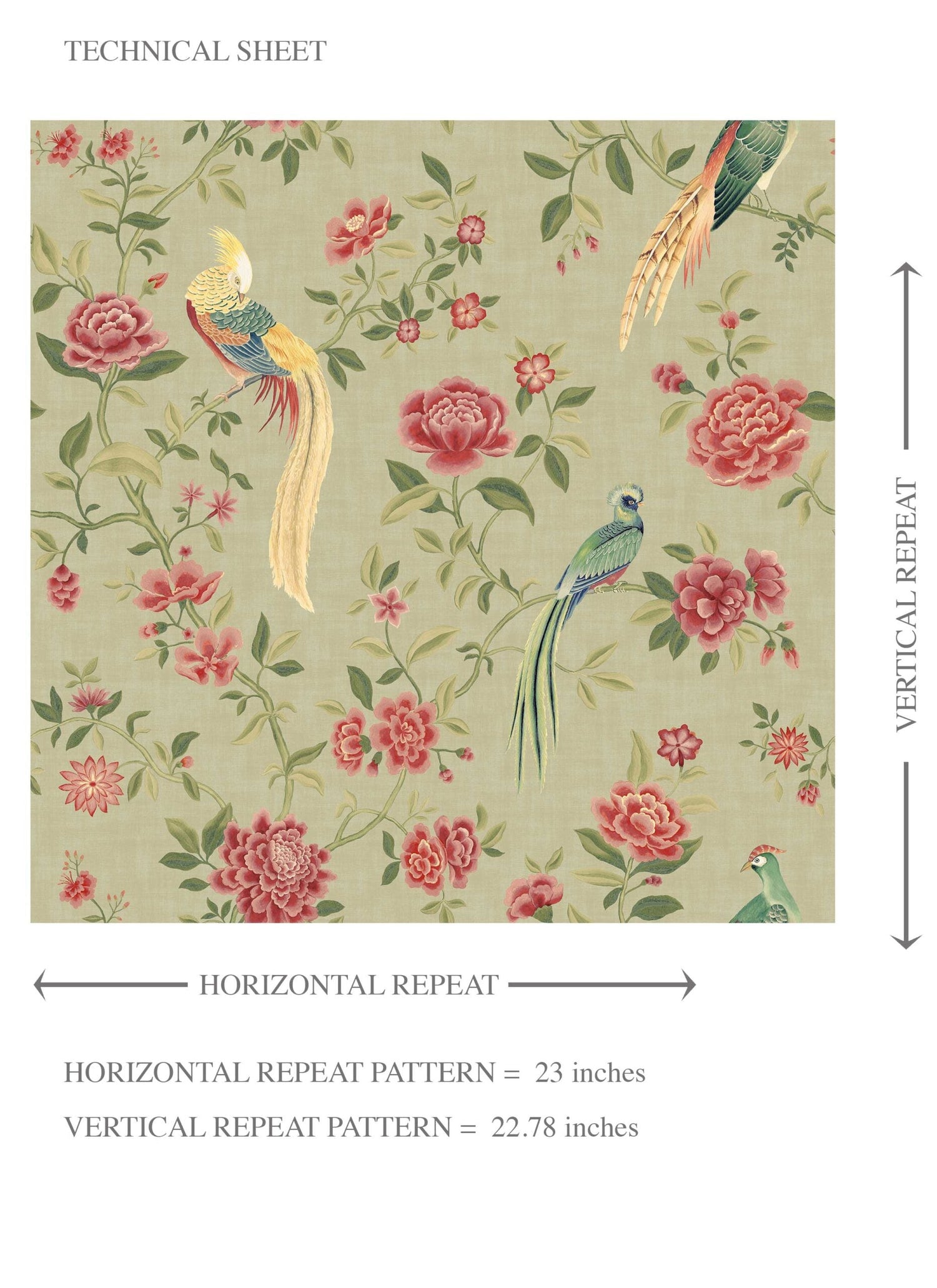 Floral Chinoiserie/ Nature Bird Print Kids Room Wallpaper (Olive Green/ Red/ Yellow)