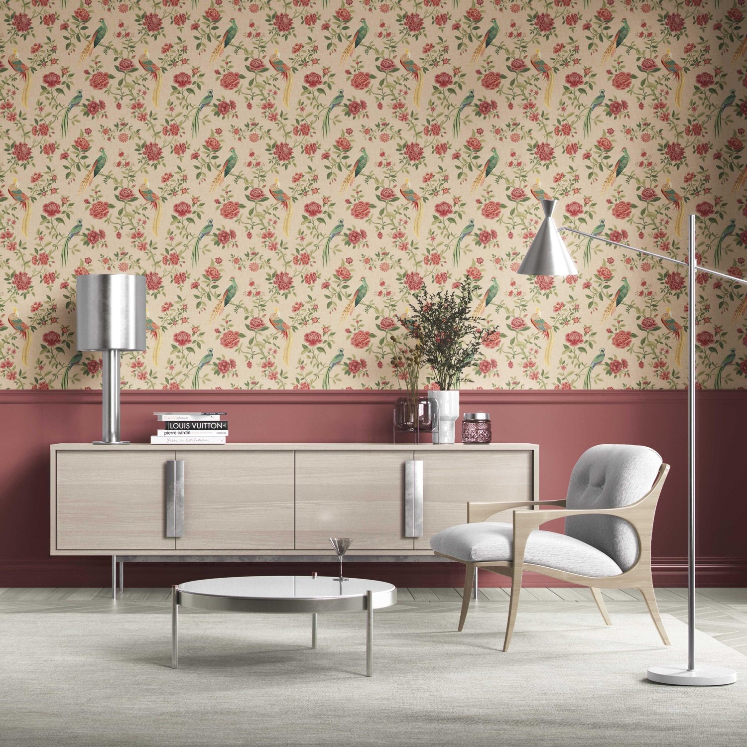 Floral Chinoiserie/ Nature Bird Print Kitchen Wallpaper (Peach/ Red/ Green/ Yellow)