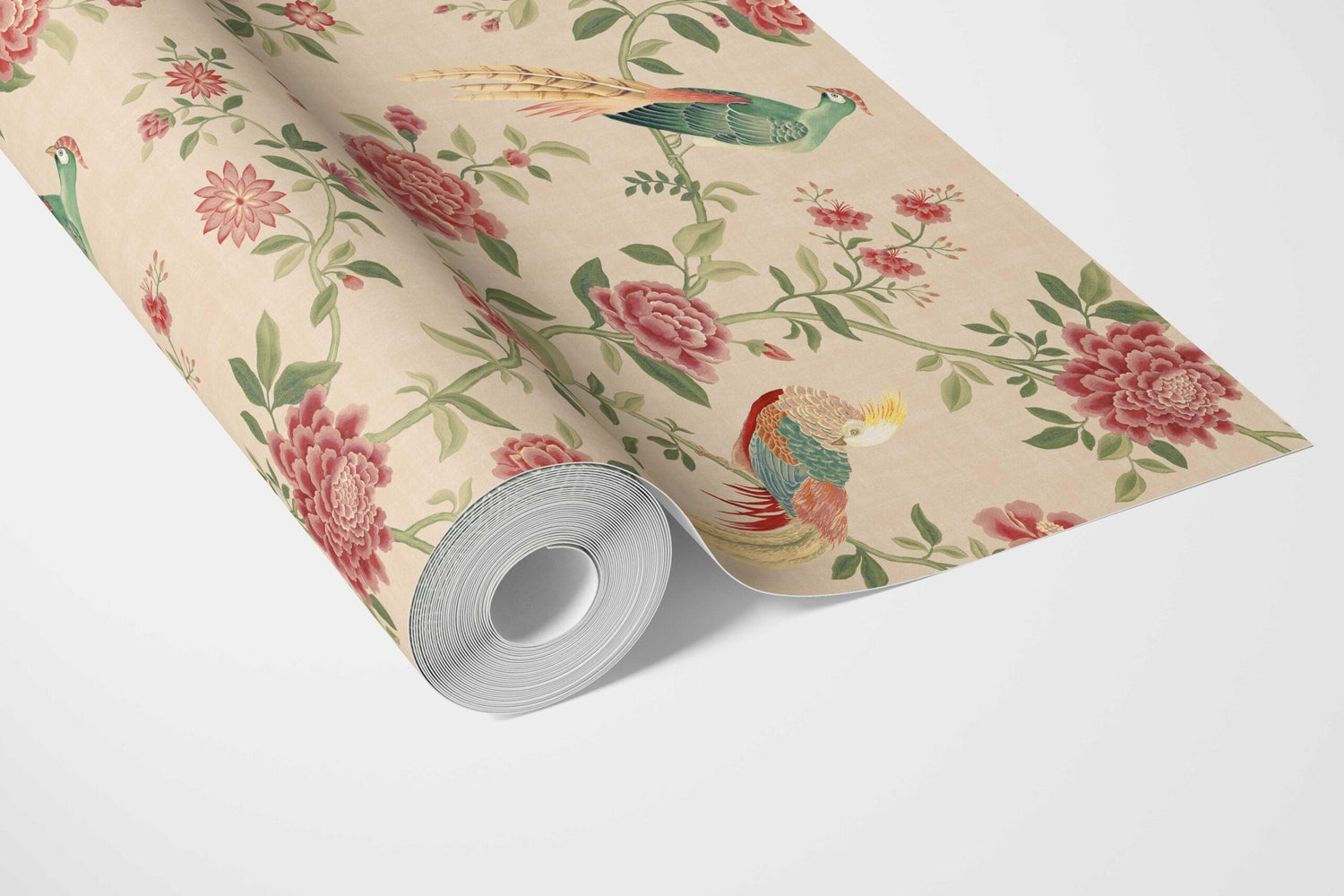 Floral Chinoiserie/ Nature Bird Print Bathroom Wallpaper (Peach/ Red/ Green/ Yellow)