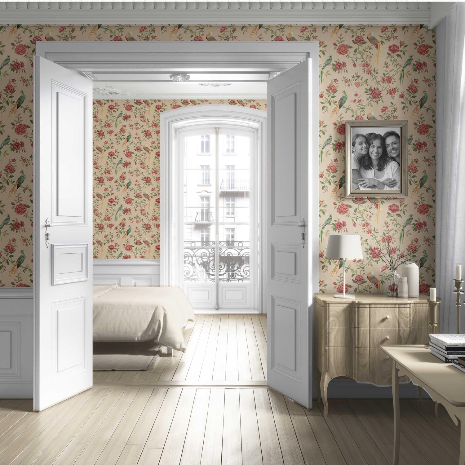 Floral Chinoiserie/ Nature Bird Print Living Room Wallpaper (Peach/ Red/ Green/ Yellow)
