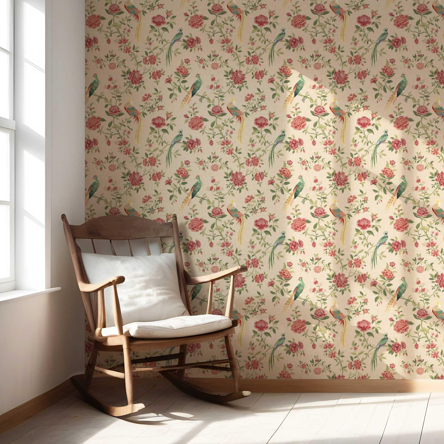 Floral Chinoiserie/ Nature Bird Print Nursery Wallpaper (Peach/ Red/ Green/ Yellow)