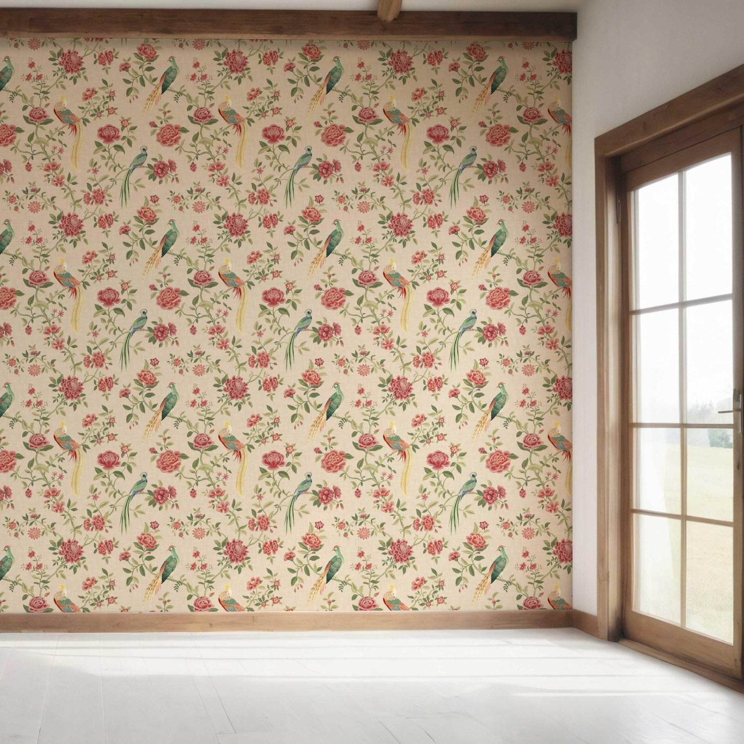 Floral Chinoiserie/ Nature Bird Print Bedroom Wallpaper (Peach/ Red/ Green/ Yellow)