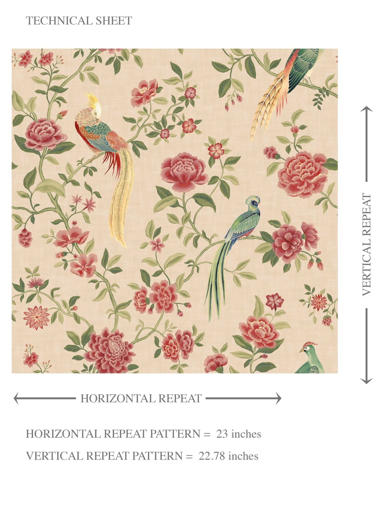 Floral Chinoiserie/ Nature Bird Print Kids Room Wallpaper (Peach/ Red/ Green/ Yellow)