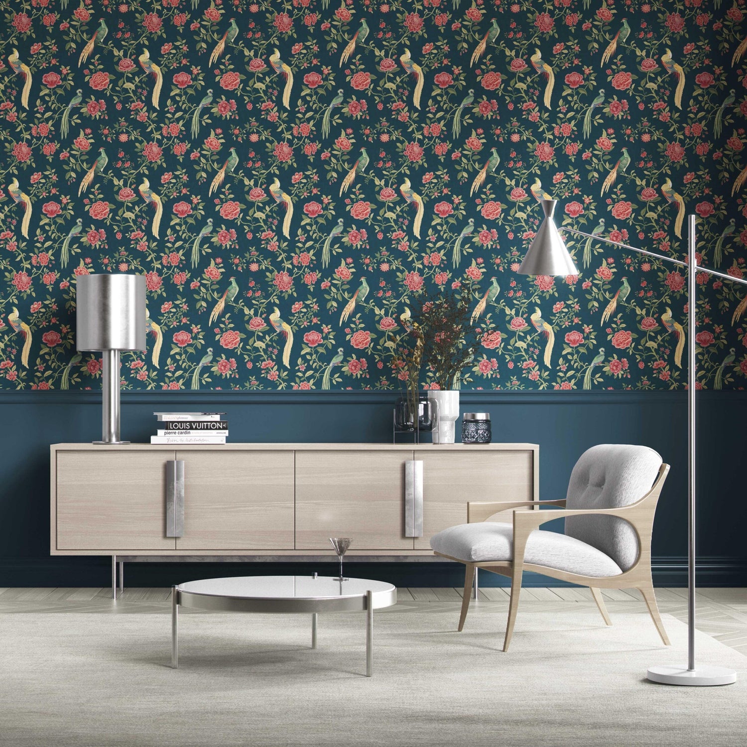 Floral Chinoiserie/ Nature Bird Print Kitchen Wallpaper (Teal Blue/ Pink/ Green/ Yellow)