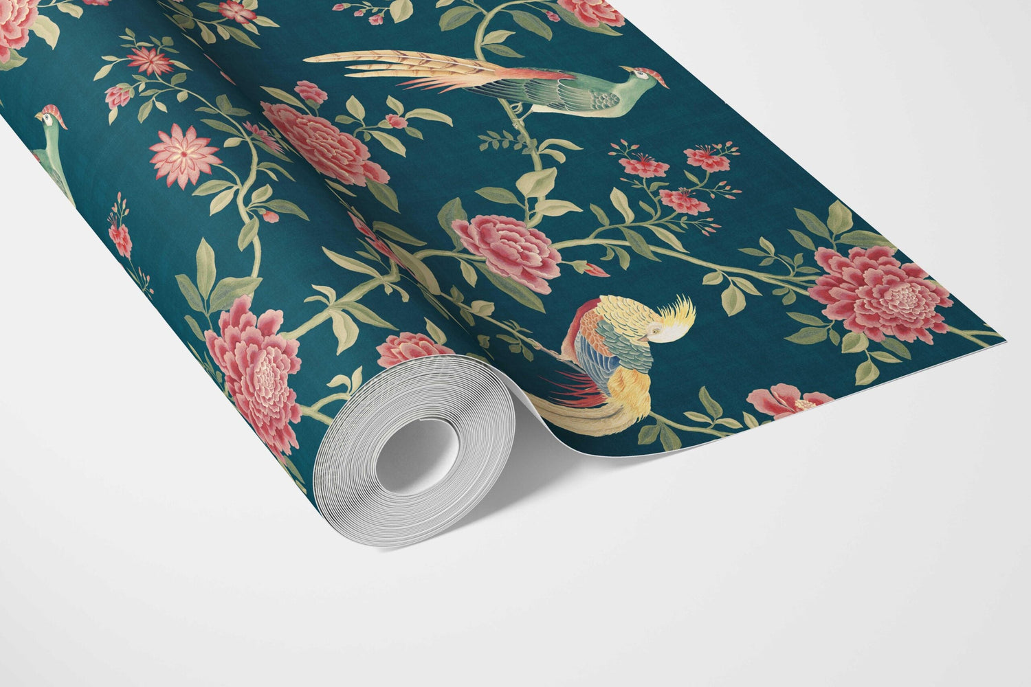 Floral Chinoiserie/ Nature Bird Print Bathroom Wallpaper (Teal Blue/ Pink/ Green/ Yellow)
