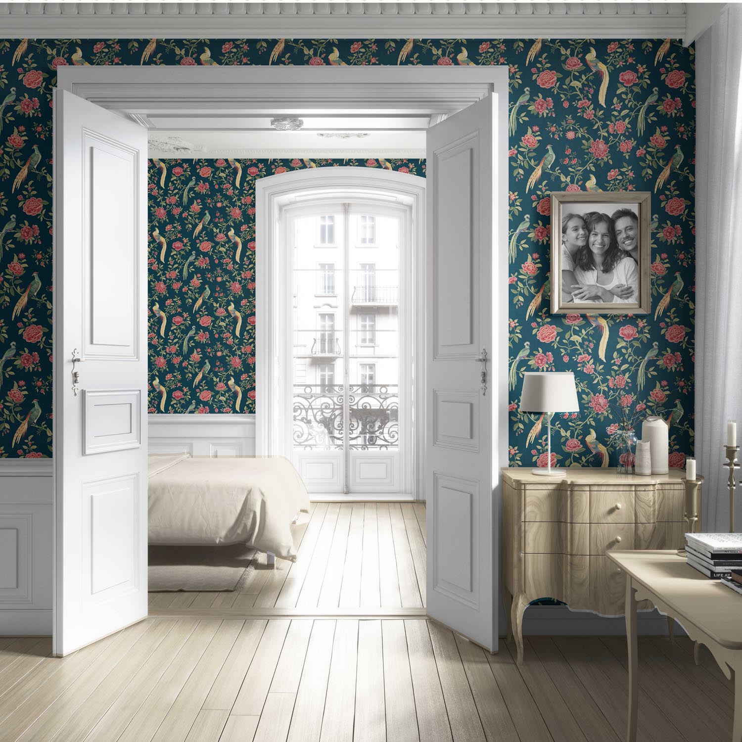 Floral Chinoiserie/ Nature Bird Print Living Room Wallpaper (Teal Blue/ Pink/ Green/ Yellow)