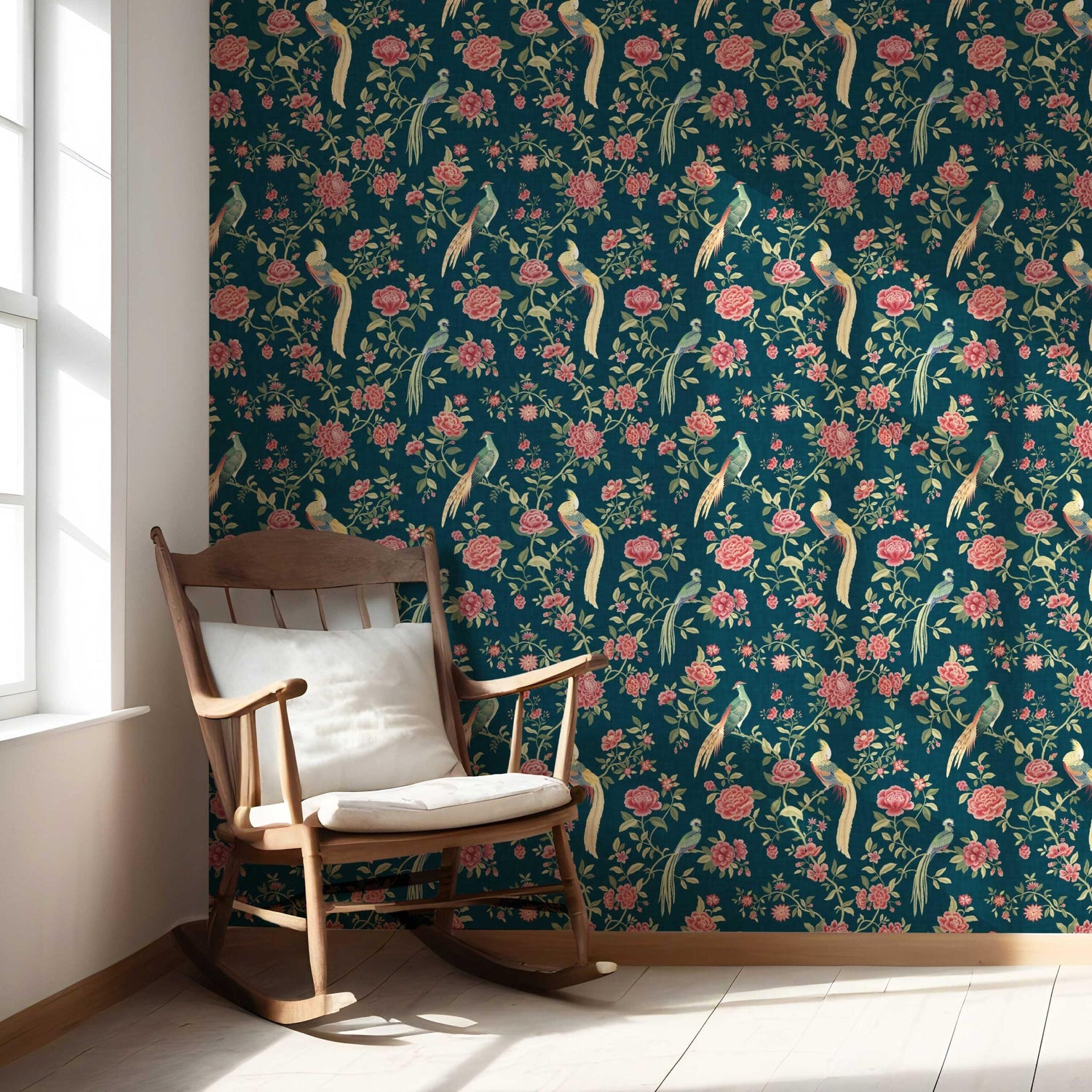 Floral Chinoiserie/ Nature Bird Print Nursery Wallpaper (Teal Blue/ Pink/ Green/ Yellow)