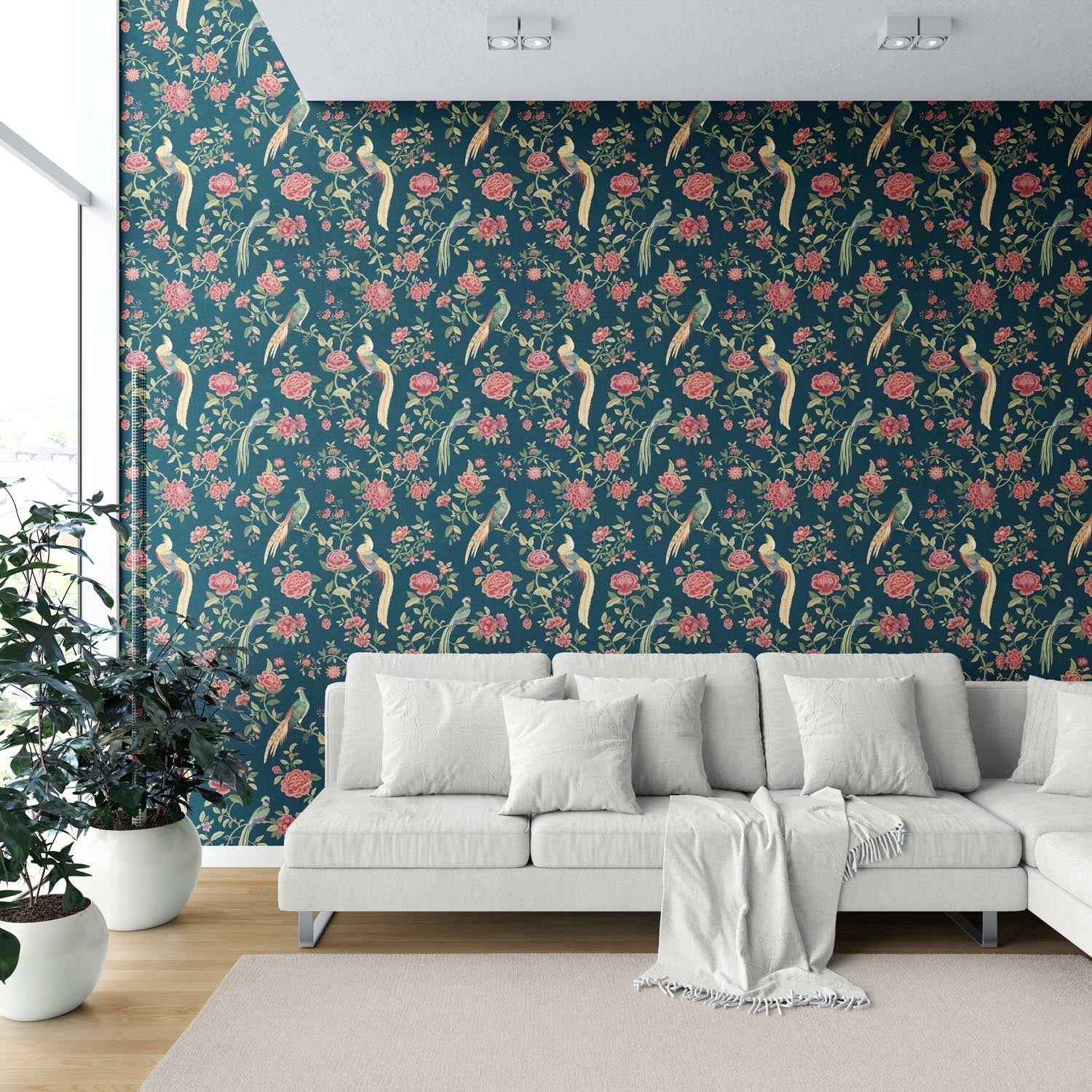 Floral Chinoiserie/ Nature Bird Print Shower Toilet Wallpaper (Teal Blue/ Pink/ Green/ Yellow)