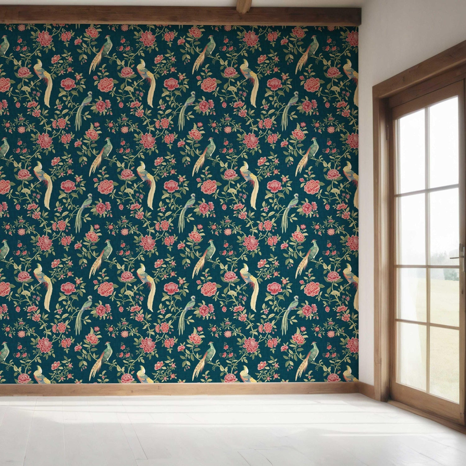 Floral Chinoiserie/ Nature Bird Print Bedroom Wallpaper (Teal Blue/ Pink/ Green/ Yellow)