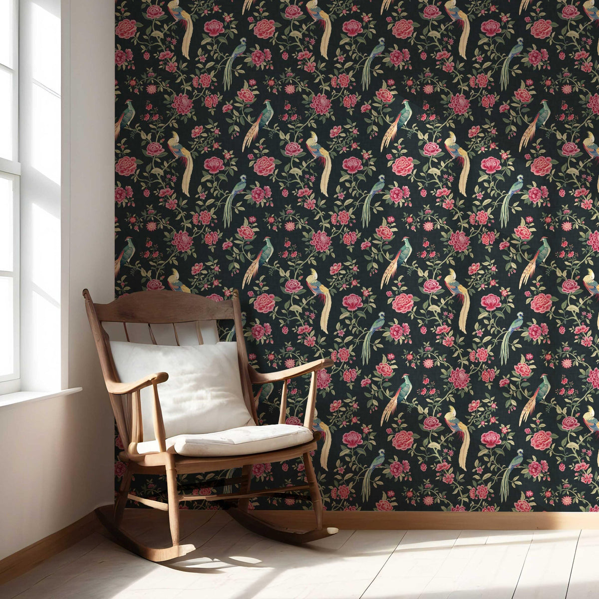 Floral Chinoiserie/ Nature Bird Print Nursery Wallpaper (Black/ Pink/ Green/ Blue/ Yellow)
