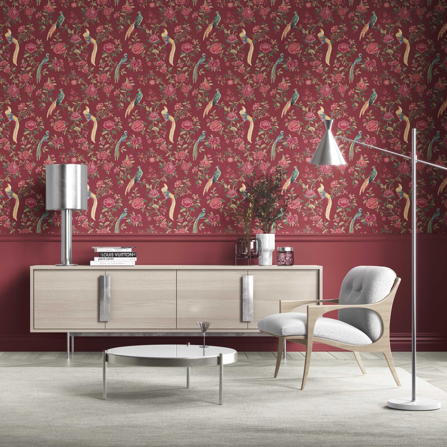 Floral Chinoiserie/ Nature Bird Print Kitchen Wallpaper (Red/ Pink/ Green/ Yellow)