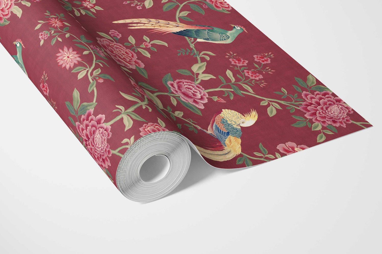 Floral Chinoiserie/ Nature Bird Print Bathroom Wallpaper (Red/ Pink/ Green/ Yellow)