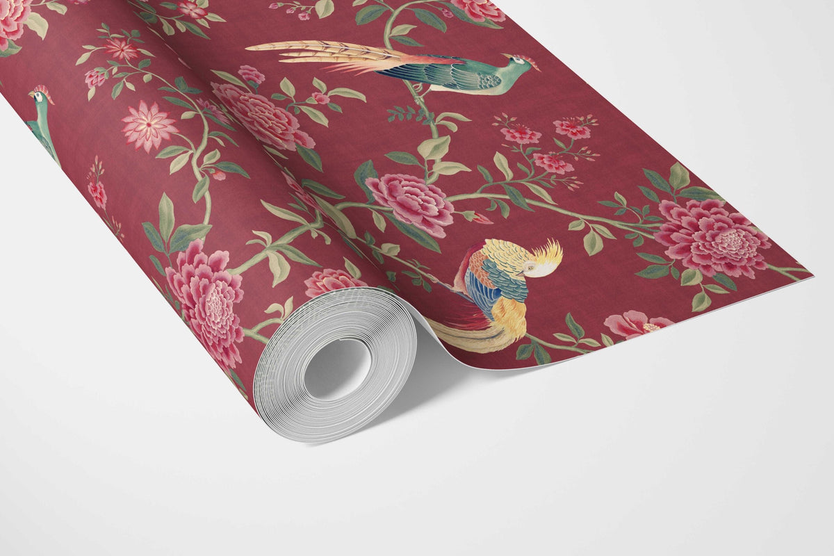 Floral Chinoiserie/ Nature Bird Print Bathroom Wallpaper (Red/ Pink/ Green/ Yellow)