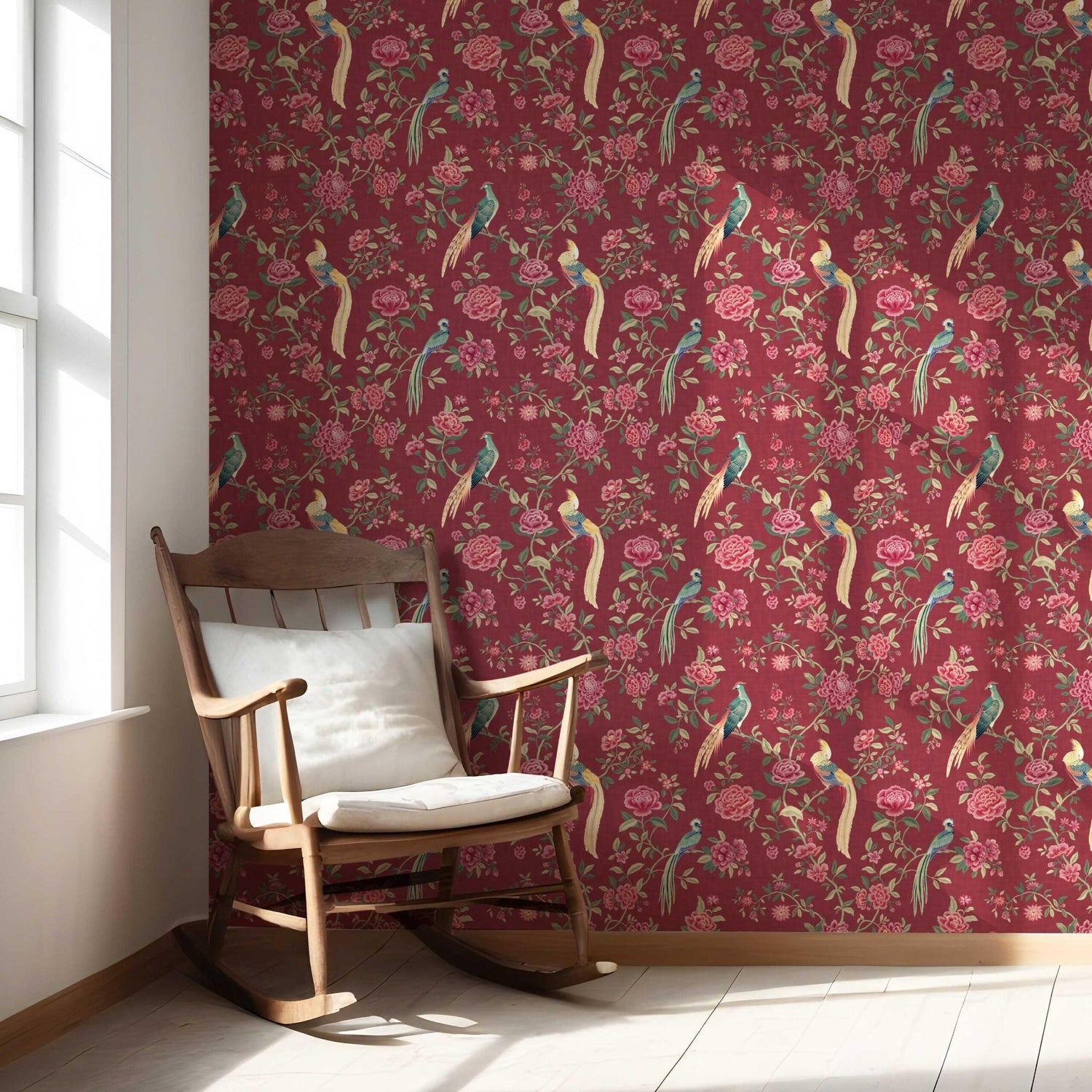 Floral Chinoiserie/ Nature Bird Print Nursery Wallpaper (Red/ Pink/ Green/ Yellow)