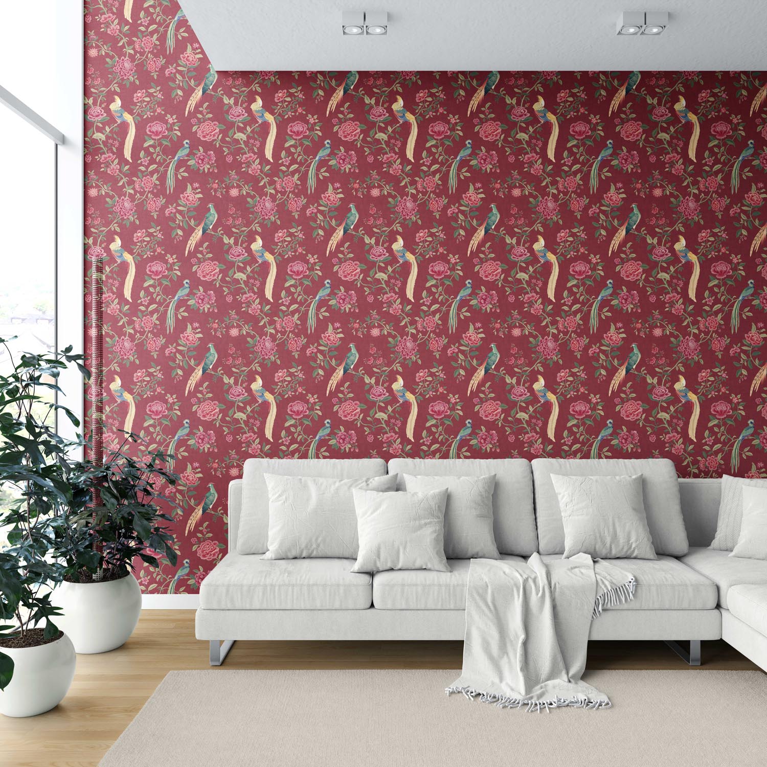 Floral Chinoiserie/ Nature Bird Print Shower Toilet Wallpaper (Red/ Pink/ Green/ Yellow)