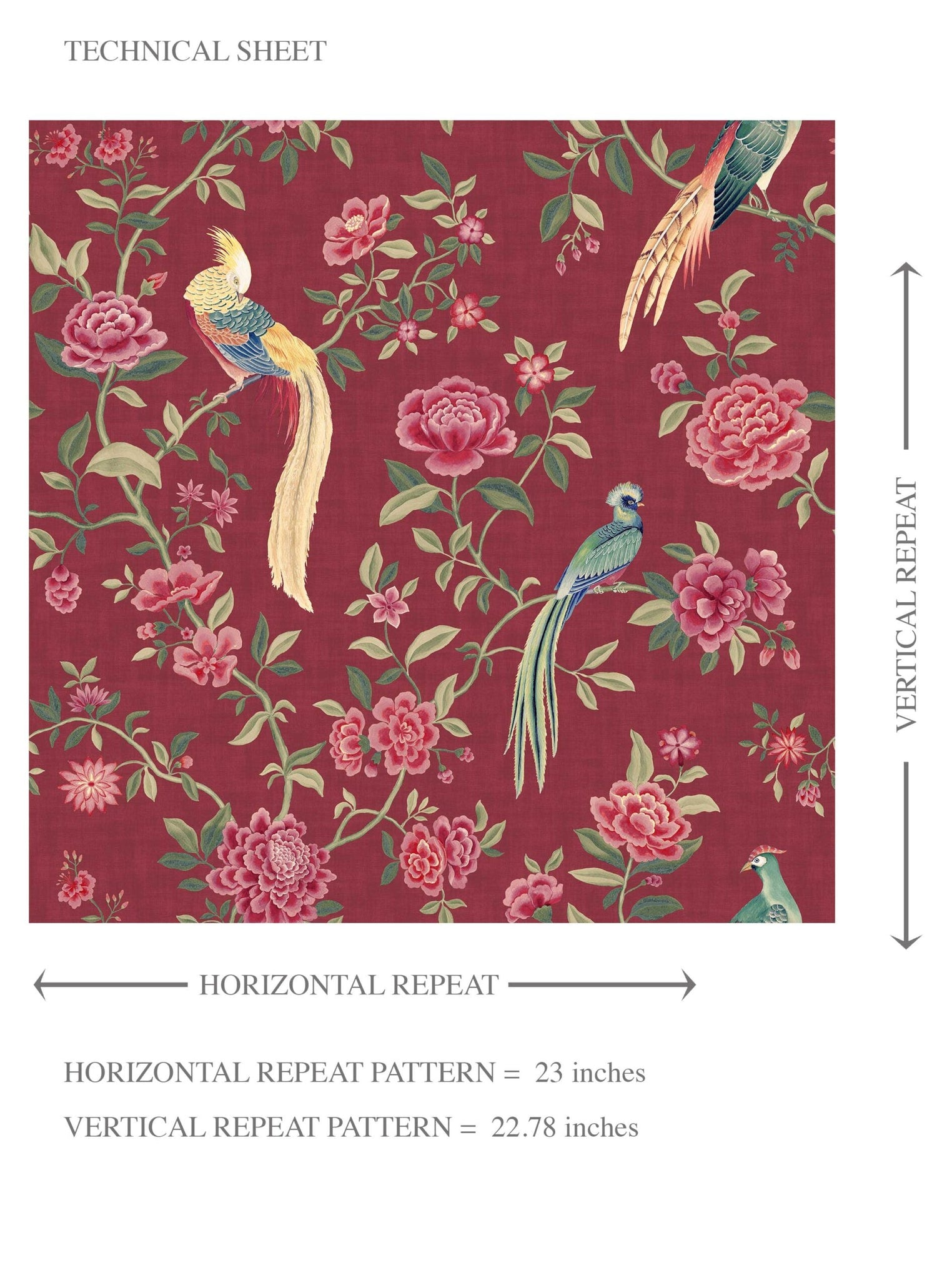 Floral Chinoiserie/ Nature Bird Print Kids Room Wallpaper (Red/ Pink/ Green/ Yellow)