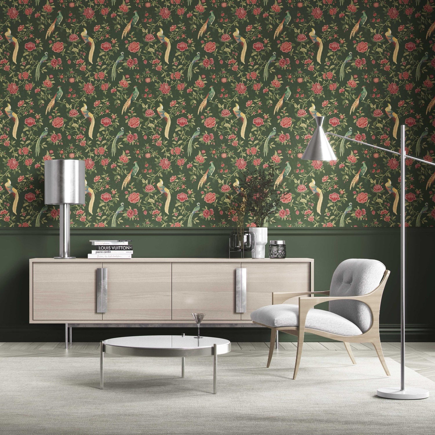 Floral Chinoiserie/ Nature Bird Print Kitchen Wallpaper (Green/ Pink/ Yellow)