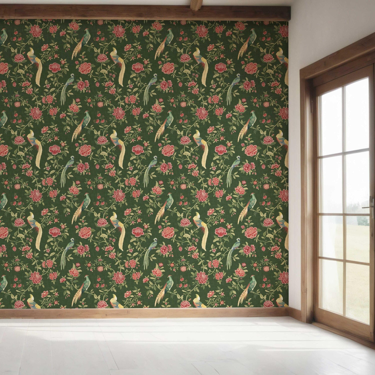 Floral Chinoiserie/ Nature Bird Print Bedroom Wallpaper (Green/ Pink/ Yellow)