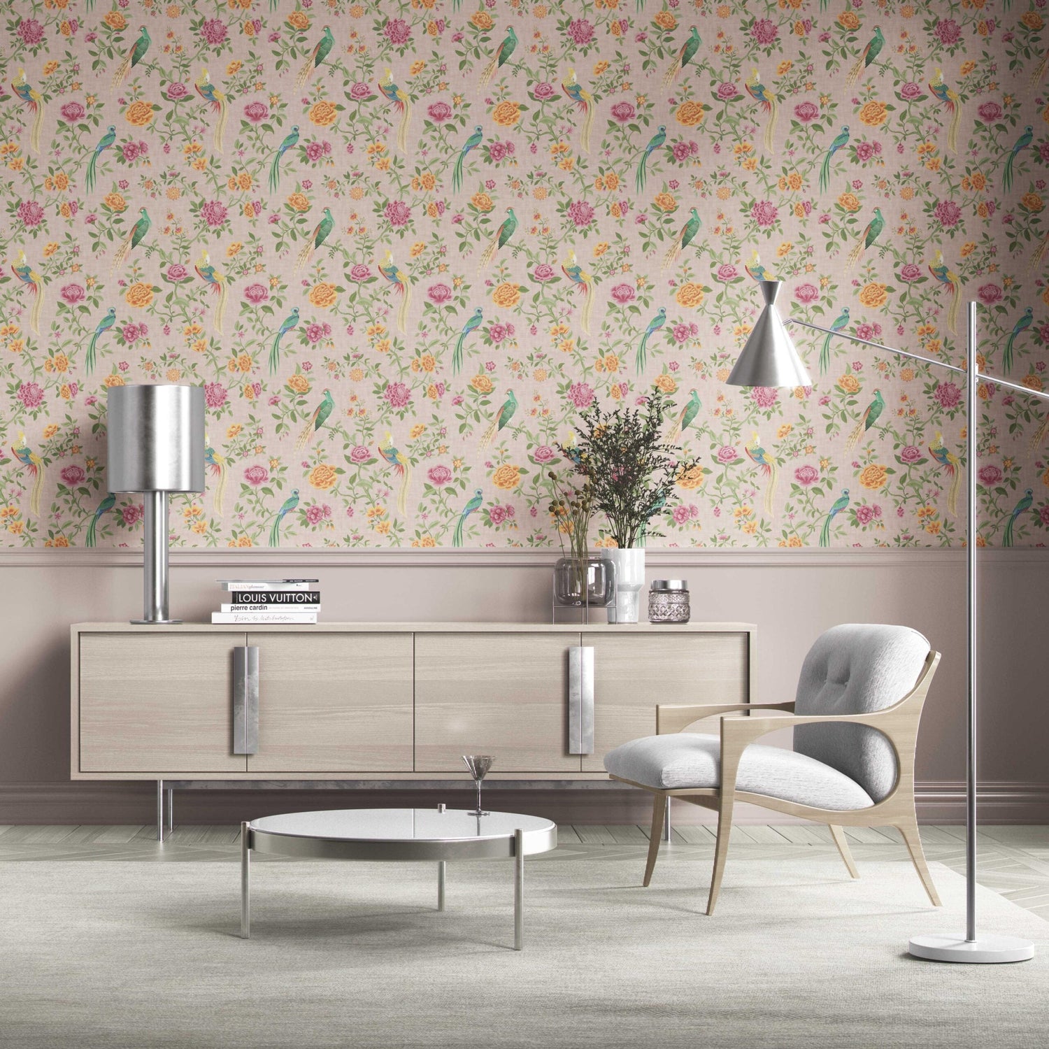 Floral Chinoiserie/ Nature Bird Print Kitchen Wallpaper (Pale Pink/ Green/ Blue/ Orange/ Yellow)