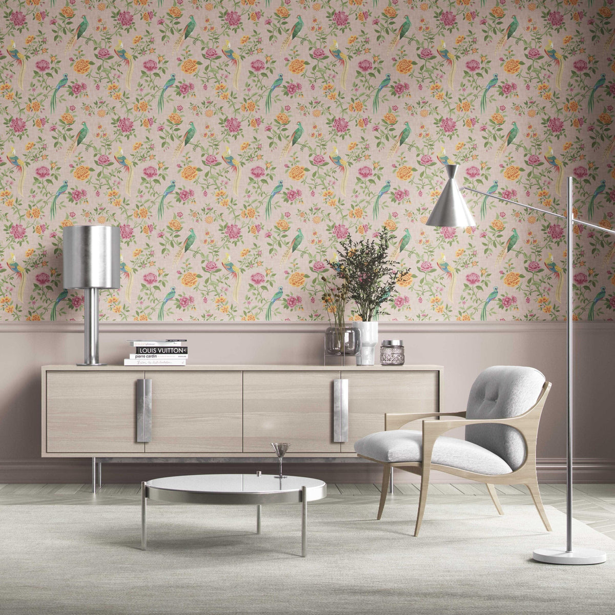 Floral Chinoiserie/ Nature Bird Print Kitchen Wallpaper (Pale Pink/ Green/ Blue/ Orange/ Yellow)