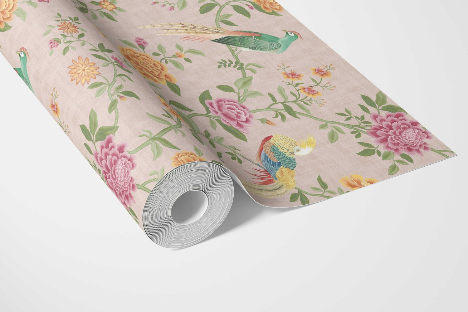 Floral Chinoiserie/ Nature Bird Print Bathroom Wallpaper (Pale Pink/ Green/ Blue/ Orange/ Yellow)