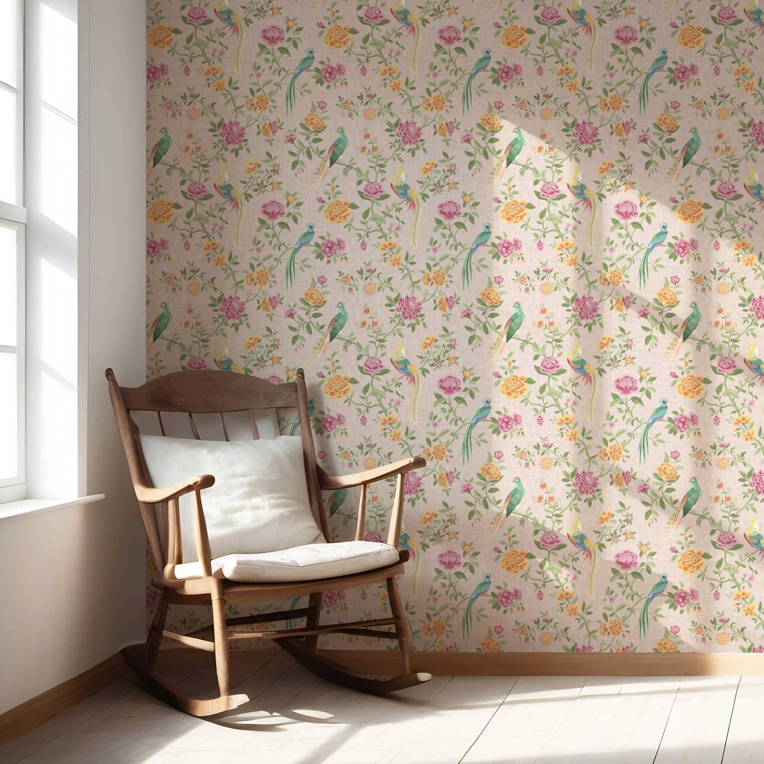 Floral Chinoiserie/ Nature Bird Print Nursery Wallpaper (Pale Pink/ Green/ Blue/ Orange/ Yellow)