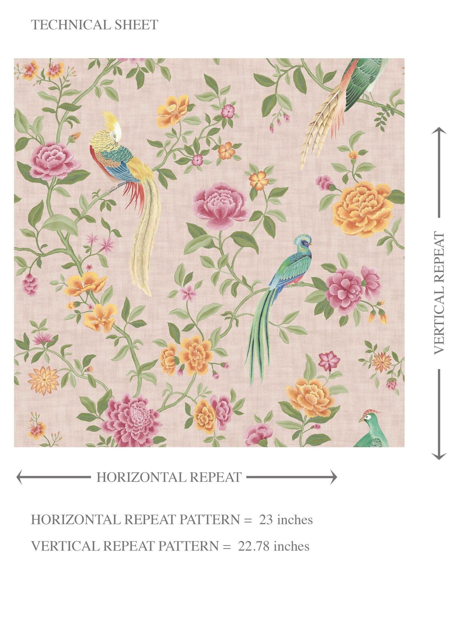 Floral Chinoiserie/ Nature Bird Print Kids Room Wallpaper (Pale Pink/ Green/ Blue/ Orange/ Yellow)