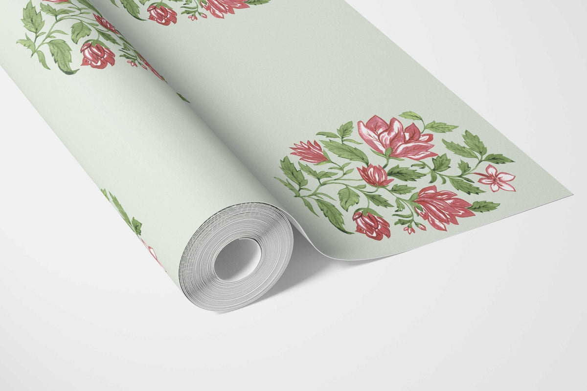 Floral Block Print Bathroom Wallpaper (Mint Green/ Pink-Red)