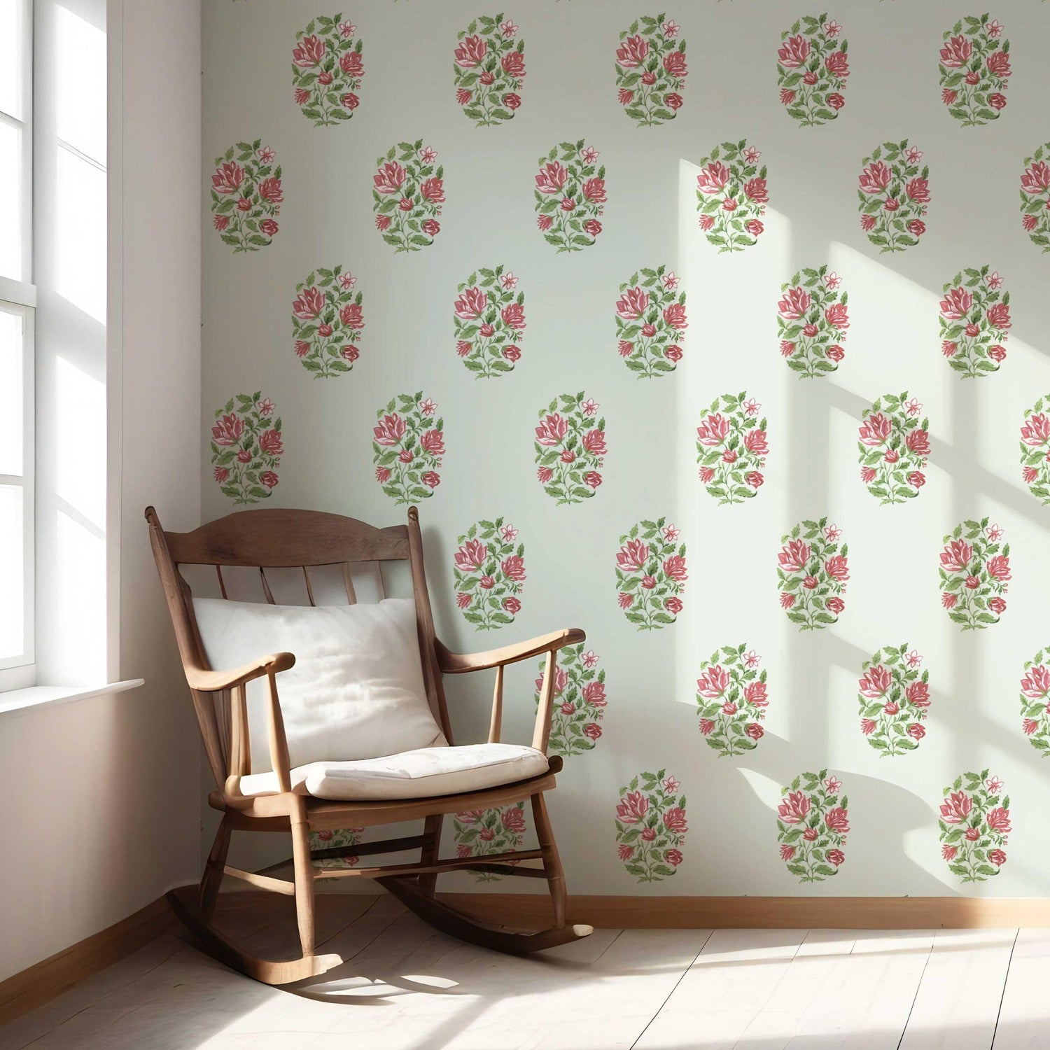 Floral Block Print Nursery Wallpaper (Mint Green/ Pink-Red)