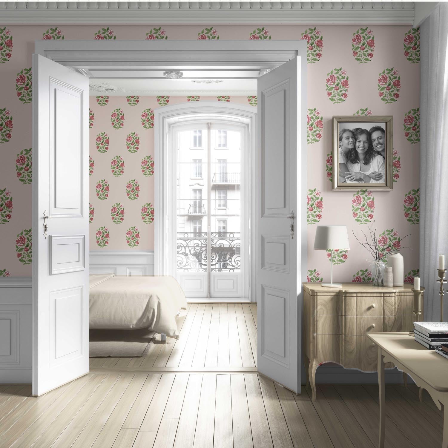 Floral Block Print Living Room Wallpaper (Pink/ Green)