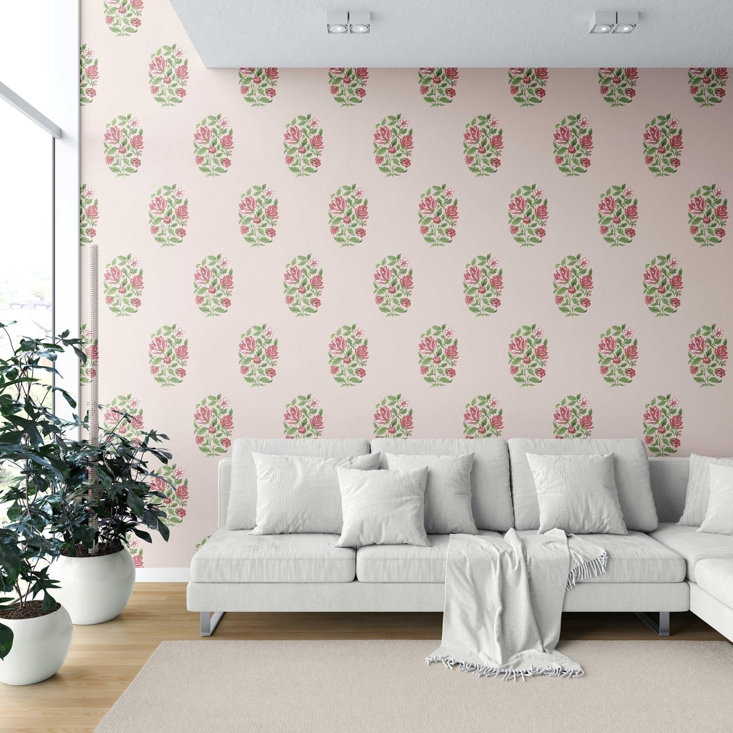 Floral Block Print Shower Toilet Wallpaper (Pink/ Green)