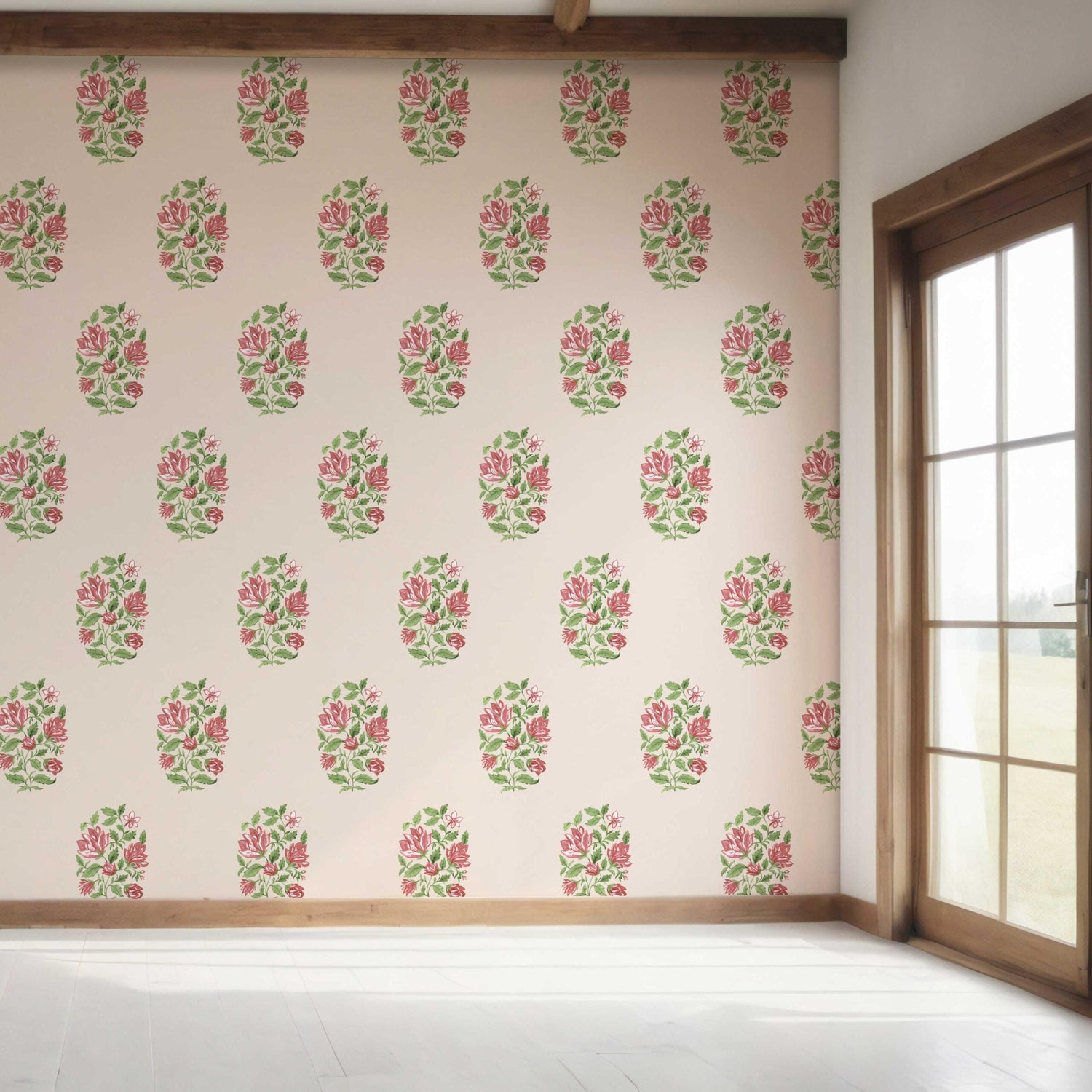 Floral Block Print Bedroom Wallpaper (Pink/ Green)