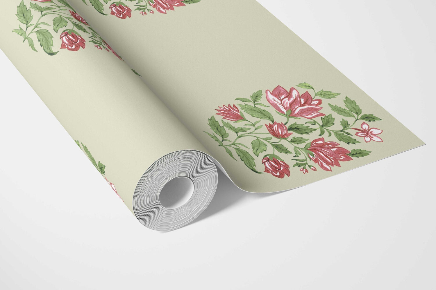 Floral Block Print Bathroom Wallpaper (Sage Green/ Pink-Red)