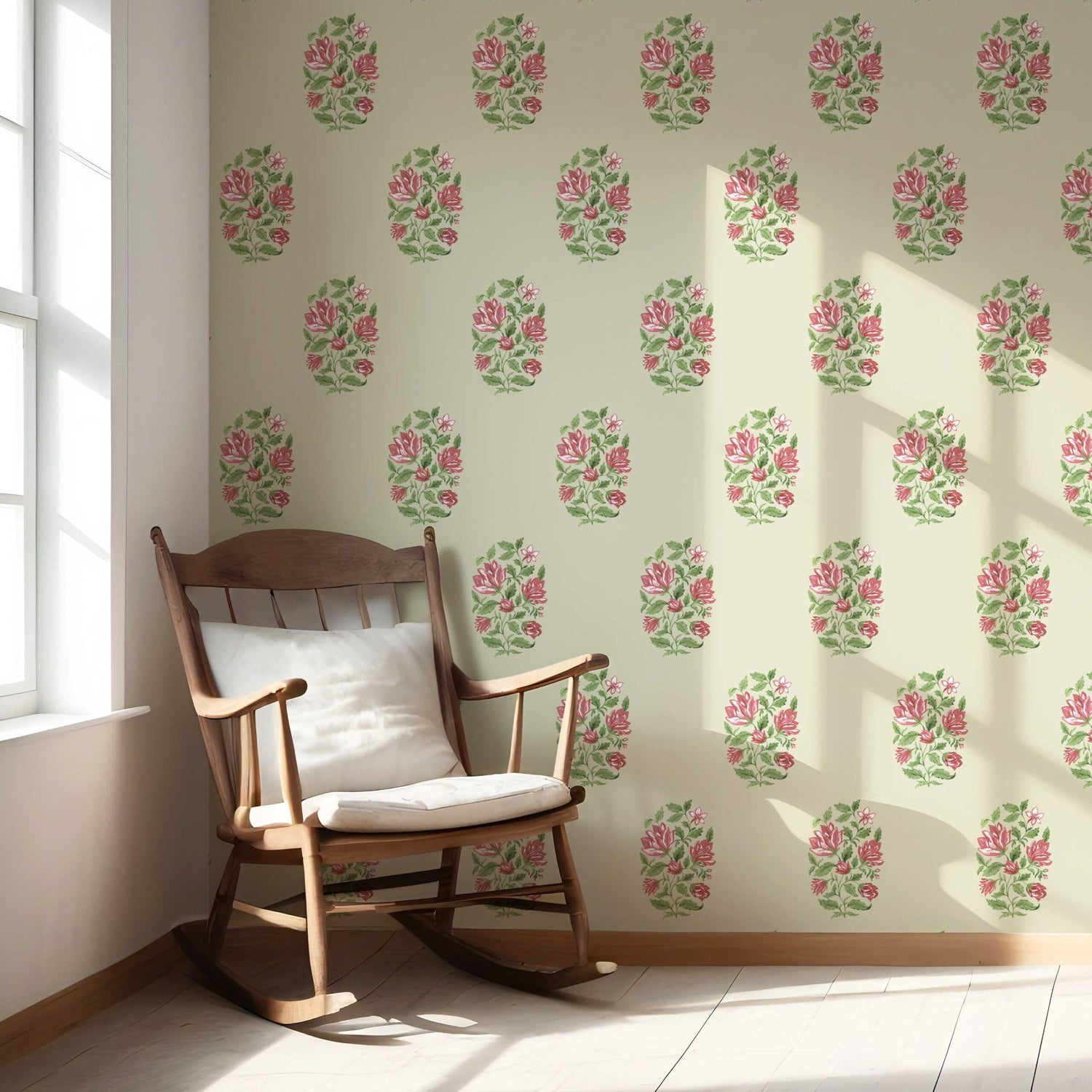 Floral Block Print Nursery Wallpaper (Sage Green/ Pink-Red)