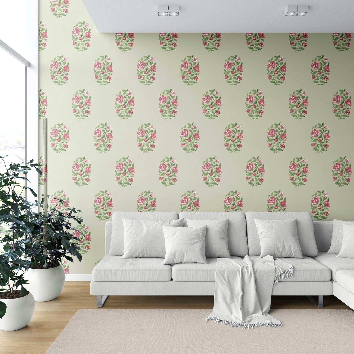 Floral Block Print Shower Toilet Wallpaper (Sage Green/ Pink-Red)