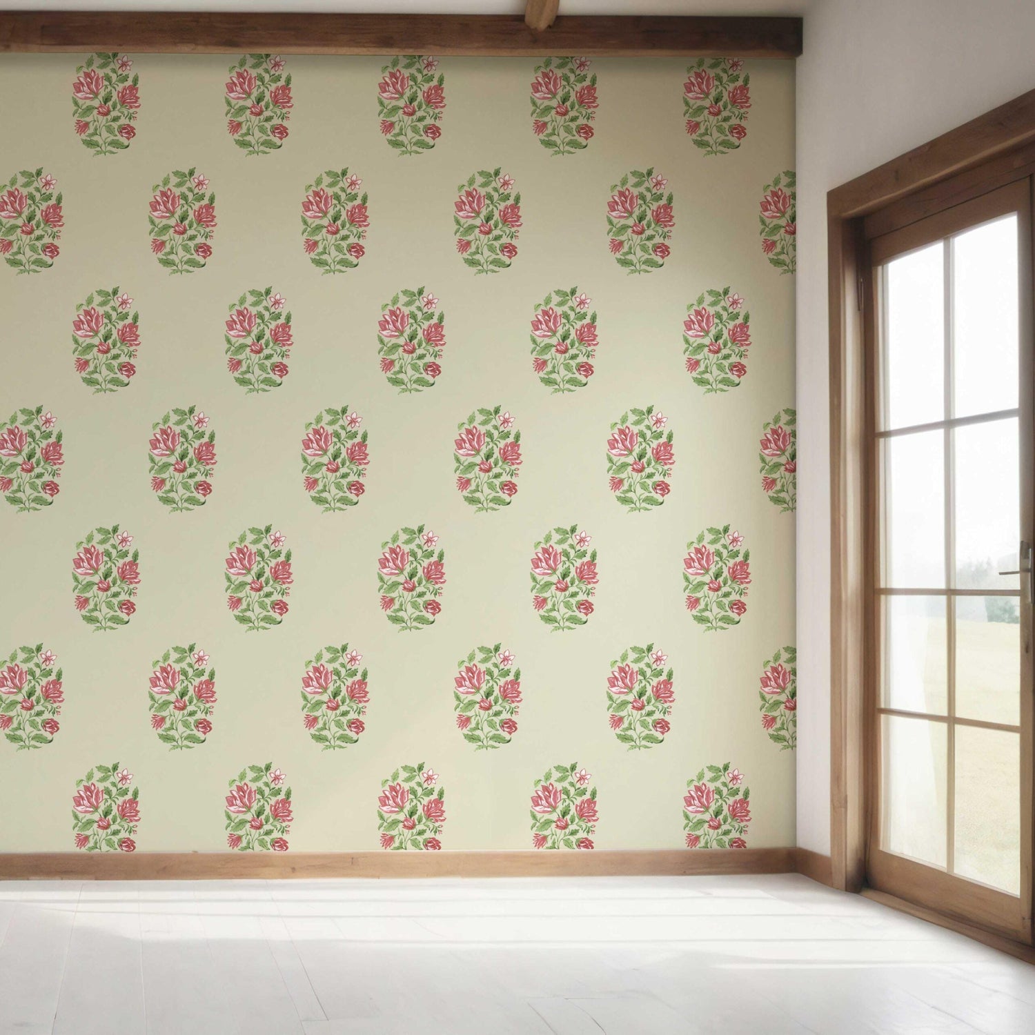 Floral Block Print Bedroom Wallpaper (Sage Green/ Pink-Red)