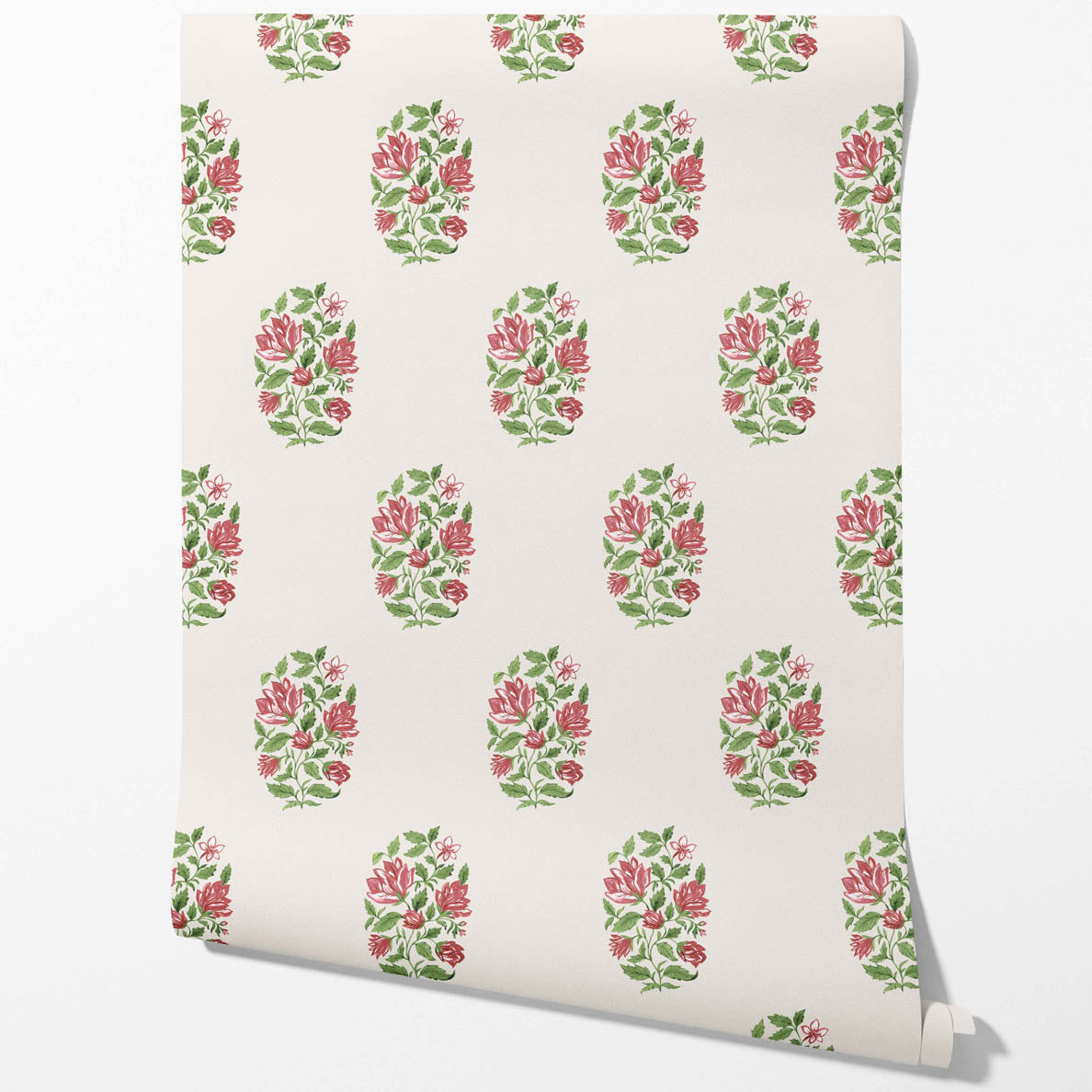 Floral Block Print Kitchen Wallpaper (White/ Green/ Pink-Red)