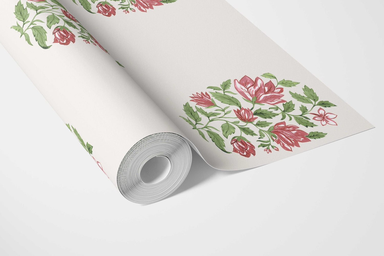 Floral Block Print Bathroom Wallpaper (White/ Green/ Pink-Red)