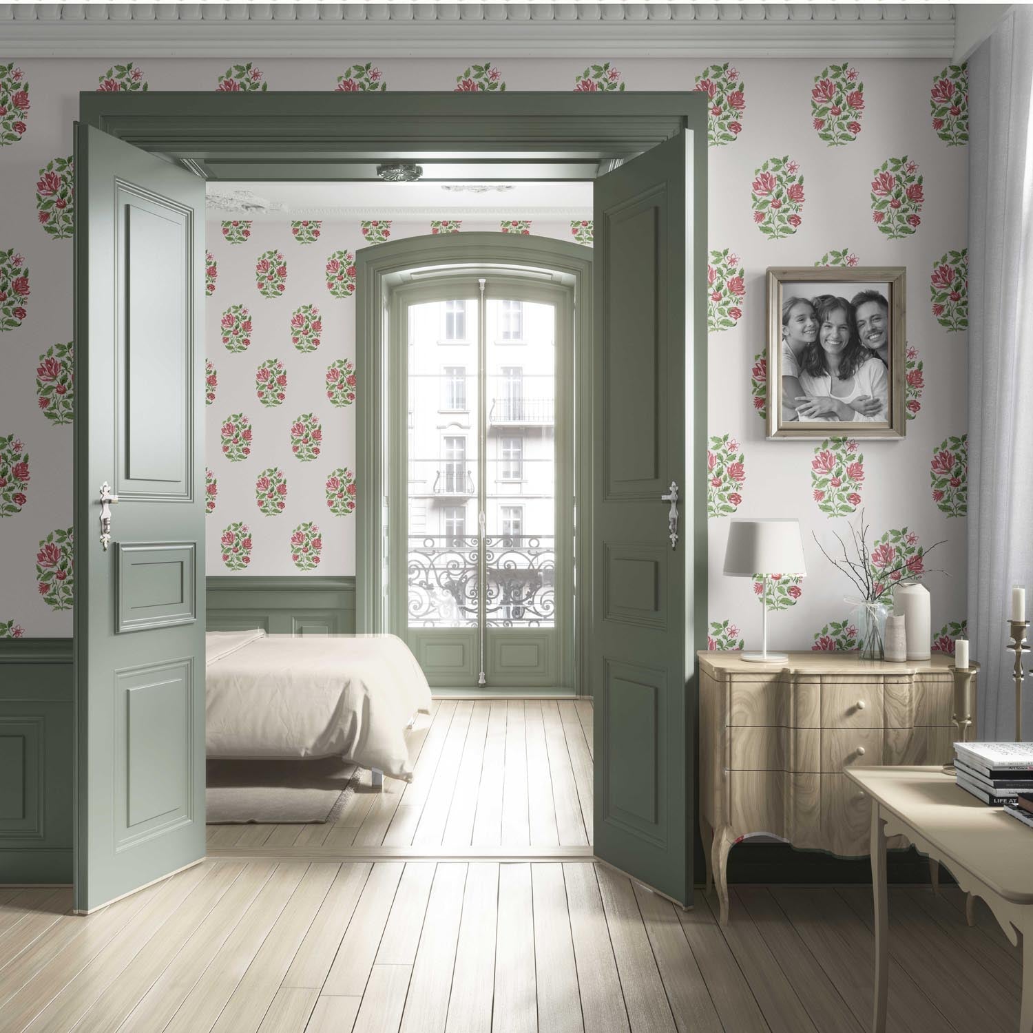 Floral Block Print Living Room Wallpaper (White/ Green/ Pink-Red)