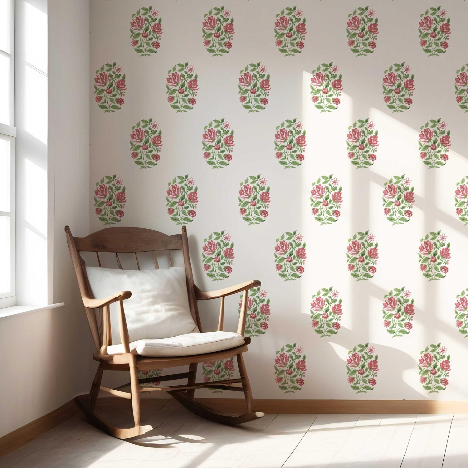 Floral Block Print Nursery Wallpaper (White/ Green/ Pink-Red)