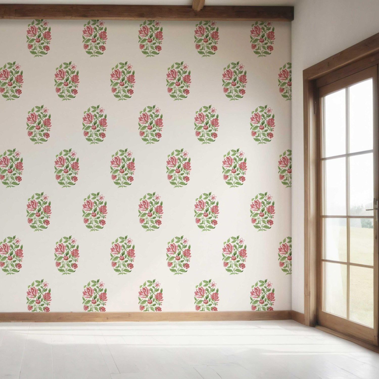 Floral Block Print Bedroom Wallpaper (White/ Green/ Pink-Red)